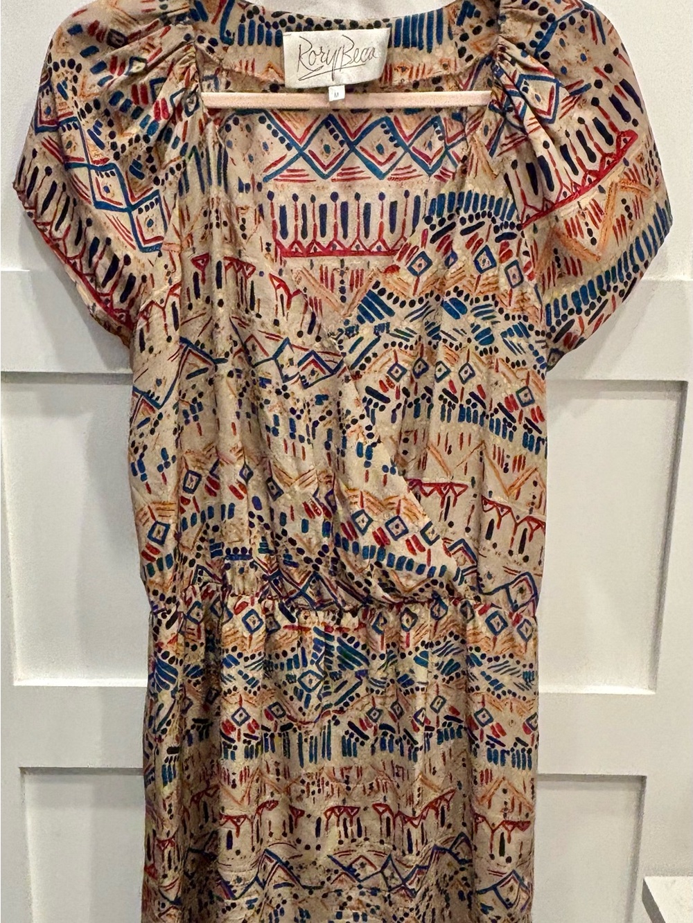 Rory Beca Beige Dress with Blue and Red Geometric Print